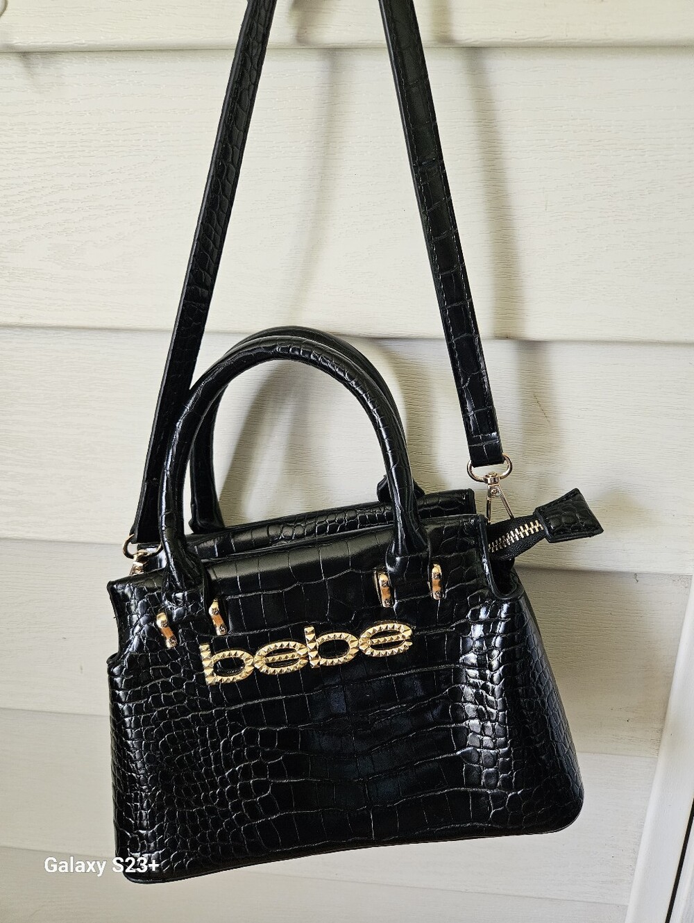 bebe Black Croc-Embossed Satchel with Gold Logo